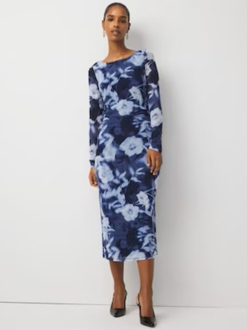 WHBM Floral Mesh Midi Dress Tidings Floral Artic Blue Size L